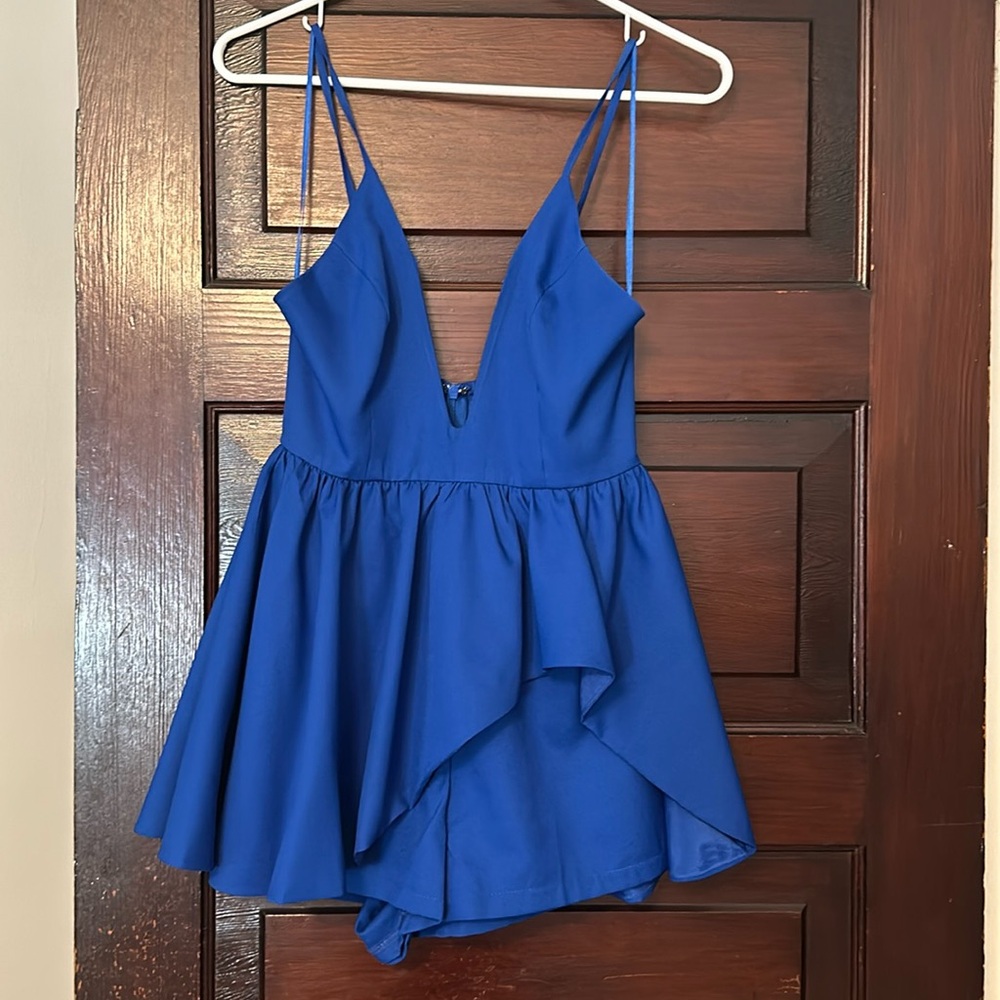 Asymmetrical Colbalt Blue Flouncy Deep V Romper